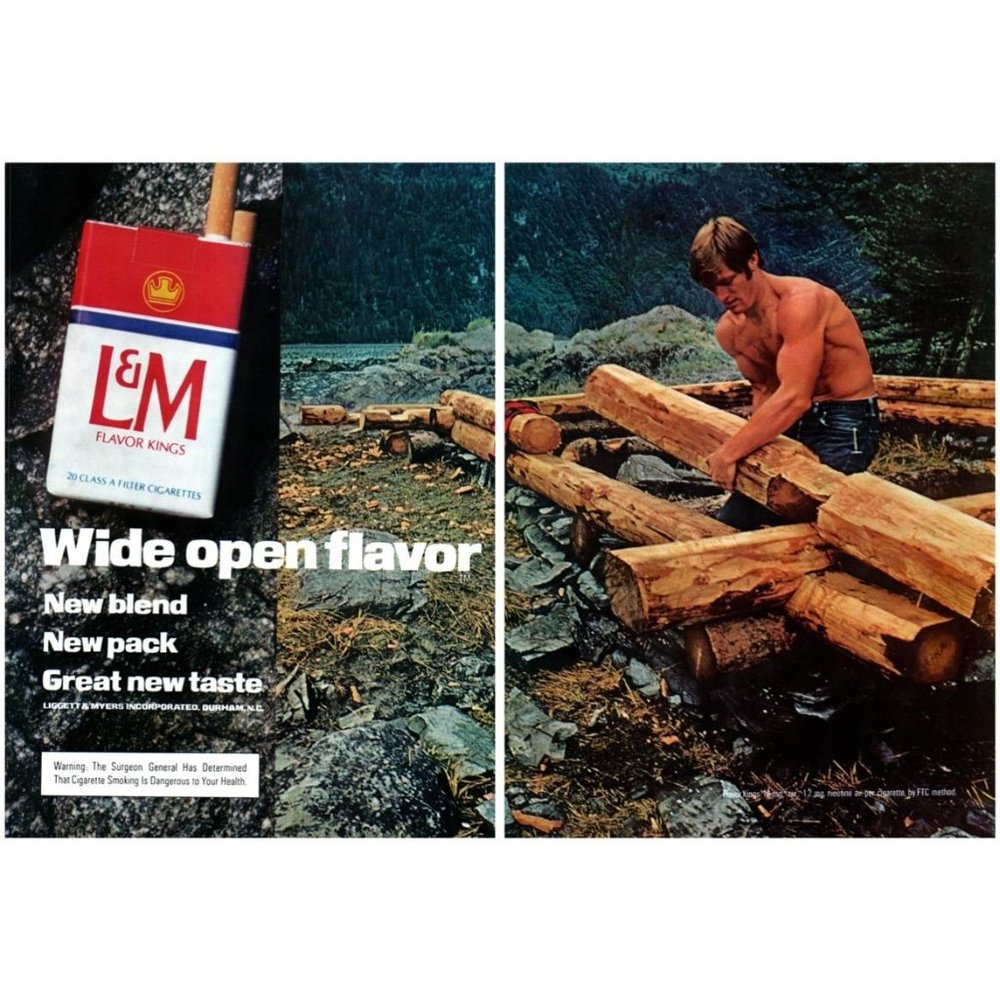 1972 L&M Cigarettes Wide Open Flavor 2 Page Vintage Print Ad Log Cabin Shirtless